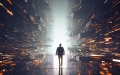man walking through futuristic boxes