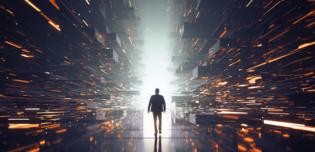 man walking through futuristic boxes