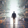 man walking through futuristic boxes